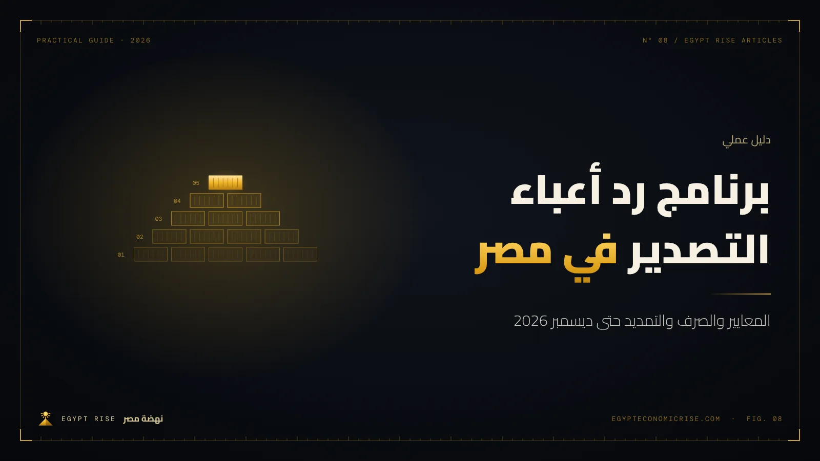 حاويات تصدير في ميناء مصري مع رسم بياني يرمز إلى برنامج رد أعباء التصدير